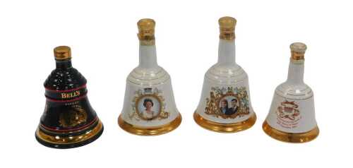 Four Bell's Scotch whisky decanters, comprising Christmas 1993, and three commemorative examples,...
