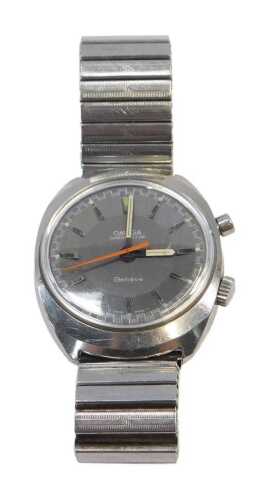 An Omega Chronostop wristwatch, with a grey finish batoned dial, with an orange seconds counter,...