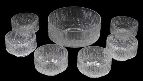A group of Whitefriars style bark effect glassware, comprising a fruit bowl, 19.5cm diameter,...