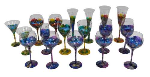 A group of Irimiea drinking glasses, in mottled multitonal colourway with trailing gilt...