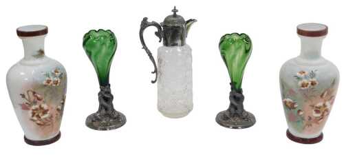 A group of Victorian and later glassware, comprising a pair of milk glass baluster vases,...