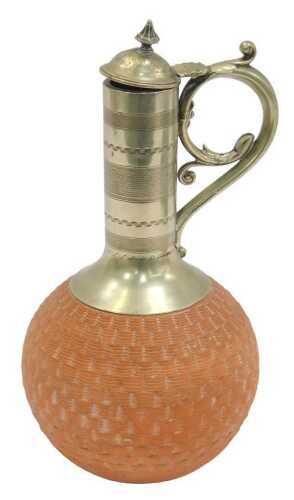 A late Victorian earthenware jug, with a silver-plated mount and engine-turned banded decoration,...