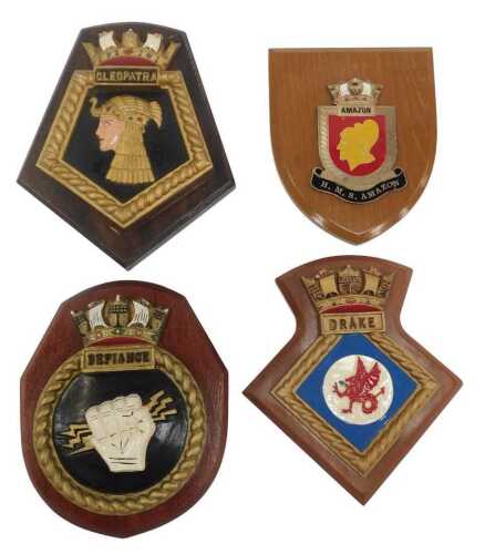 Four oak backed naval plaques, for Cleopatra, Defiance, Drake, and HM Amazon.