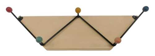 A mid 20thC atomic coat rack, mounted on a later painted wooden plaque, 59cm wide.
