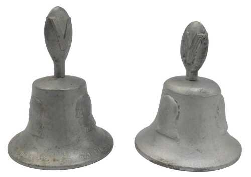 Two RAF Benevolent Fund cast metal handbells, one made from German aircraft shot down over...