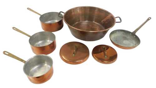 A twin handled copper jam pan, 38cm diameter, together with a Peerage copper frying pan, with...