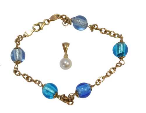 A 9ct gold bracelet, set with five vari-coloured blue beads at intervals, with a lobster claw...
