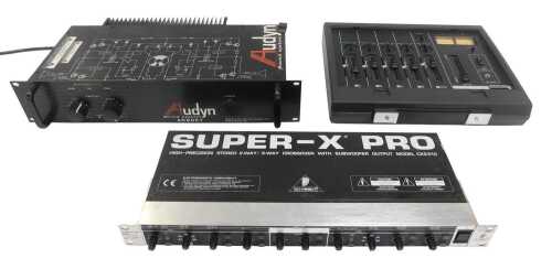 Audio equipment, comprising an Audyn sound system amp, AD600T, a Behringer Super Pro crossover,...
