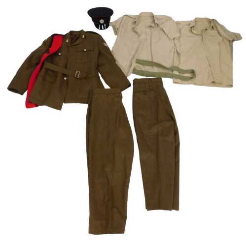 A Royal Engineers No.2 Sergeant's Rank uniform, with red sash and cloth badges, a peaked cap,...
