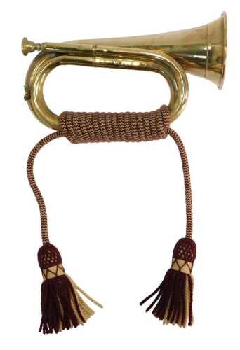 A brass bugle, with twin coloured bound rope handle, and tassel suspensions, 27cm wide.