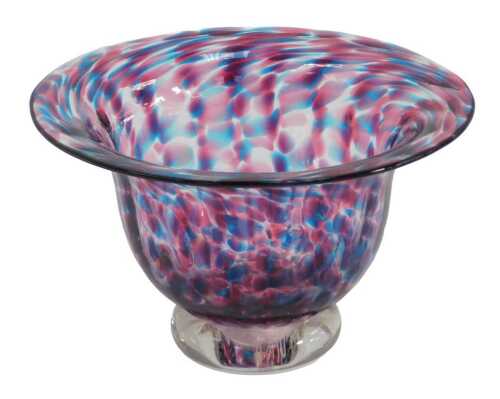 A 20thC studio mottled glass bowl, in a cranberry and blue colourway, with a flared neck raised...