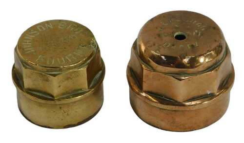Two brass wagon hub caps, for Johnson Bros Builders Bourne, and J Bacshar Derby.