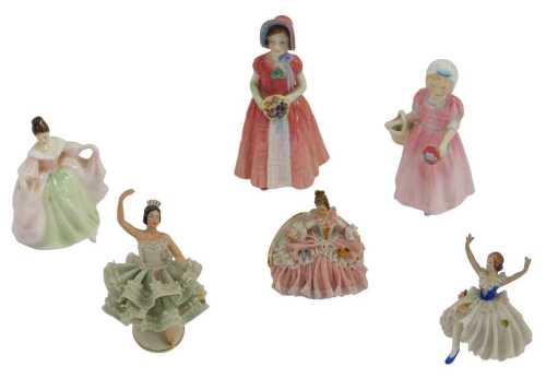 A group of porcelain figures, comprising Royal Doulton Diana HN1986, Tinkerbell HN1677, Sarah...