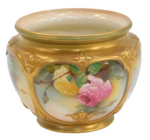 A Victorian Royal Worcester blush porcelain jardiniere, decorated with four floral reserves,...