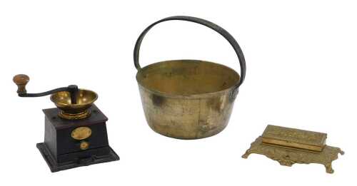 A Clarke and Co brass and cast iron coffee grinder, bearing brass plaque Paris Silver Medal...