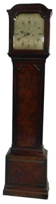 A George III figured mahogany regulator longcase clock, the shallow moulded hood with canted and...