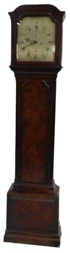 A George III figured mahogany regulator longcase clock, the shallow moulded hood with canted and...