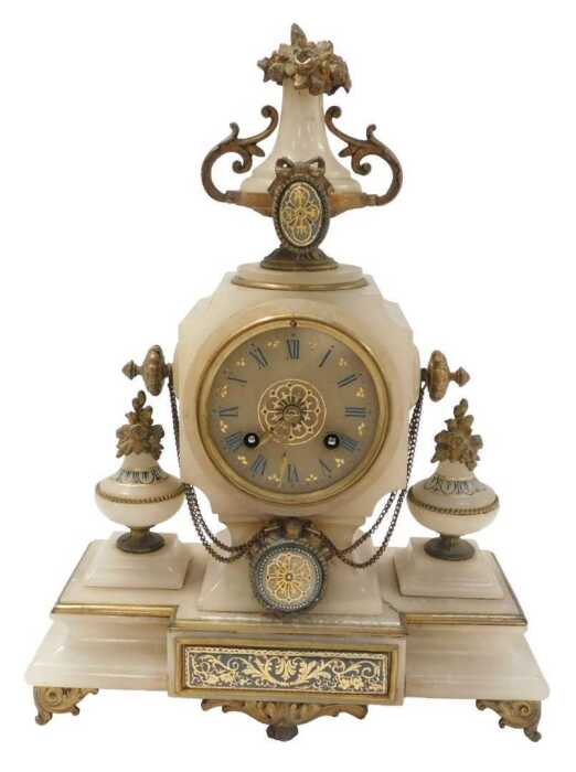 A late 19thC French alabaster blue enamel and gilt metal mantel clock, the case mounted with an...