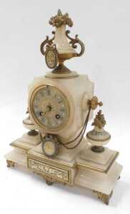 A late 19thC French alabaster blue enamel and gilt metal mantel clock, the case mounted with an... - 2
