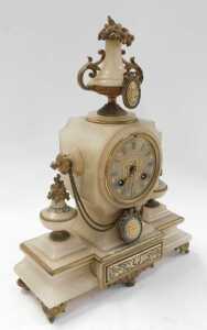 A late 19thC French alabaster blue enamel and gilt metal mantel clock, the case mounted with an... - 3