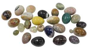 A group of hardstone eggs, including lapis, coloured agates, marble, etc. (a quantity)