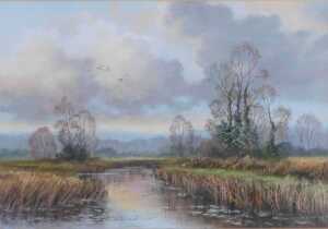 Wendy Reeves (b.1944). River scene with mallards in flight, pastel, attributed verso, purchased...