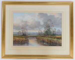Wendy Reeves (b.1944). River scene with mallards in flight, pastel, attributed verso, purchased... - 2