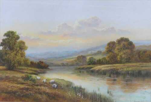Wendy Reeves (b.1944). River scene, possibly in Scotland, with sheep on the riverbank, pastel,...