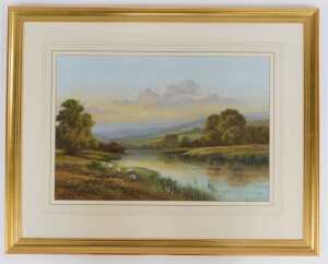 Wendy Reeves (b.1944). River scene, possibly in Scotland, with sheep on the riverbank, pastel,... - 2