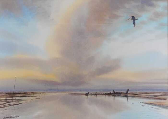 Simon T Trinder (b.1958). Lone Curlew at Low Tide, watercolour, signed, 38cm x 51cm. Note:...