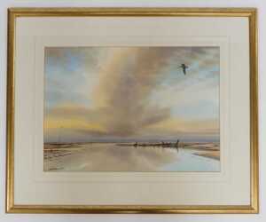 Simon T Trinder (b.1958). Lone Curlew at Low Tide, watercolour, signed, 38cm x 51cm. Note:... - 2