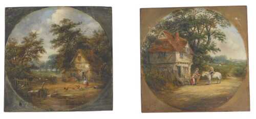 19thC School. Pastoral scenes depicting figures before cottages, one feeding hens and cockerel,...