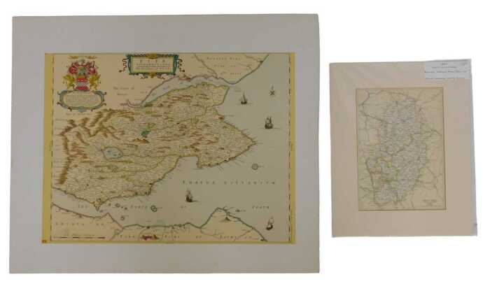 After William Blaeu. Map of Fife, hand-coloured bookplate, 37cm x 46.5cm, together with a...