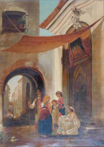 19thC Continental School. Street scene, depicting figures before a place of worship, oil on...