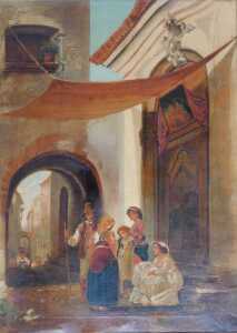 19thC Continental School. Street scene, depicting figures before a place of worship, oil on...
