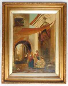 19thC Continental School. Street scene, depicting figures before a place of worship, oil on... - 2
