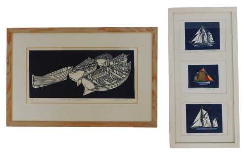 Nicholas Barnham. Work boats Bramastar Staithe, signed limited edition artist proof linocut,...
