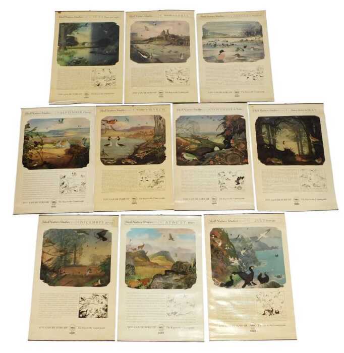 Ten Shell Nature Studies posters, comprising Wildlife in April, January Wild Fowl, September...