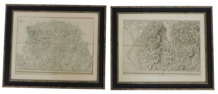 Two Ordnance Survey maps, depicting Anglesey and another, 32cm x 43cm, each framed.