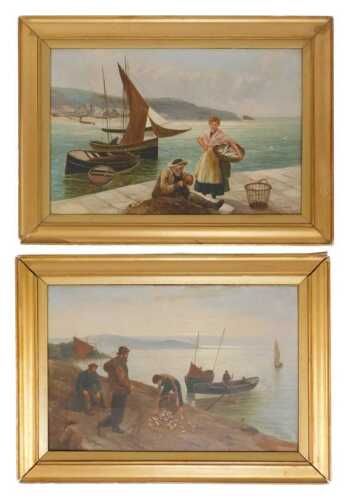 M Corper (act. 1880-1894). Mending the Nets and Bringing in the Catch, oil on canvas, signed,...