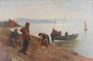 M Corper (act. 1880-1894). Mending the Nets and Bringing in the Catch, oil on canvas, signed,... - 4
