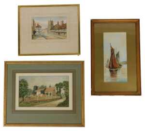A group of pictures, comprising JDB, Stratford Upon Avon, watercolour, 16.5cm x 27cm, Worbes,...