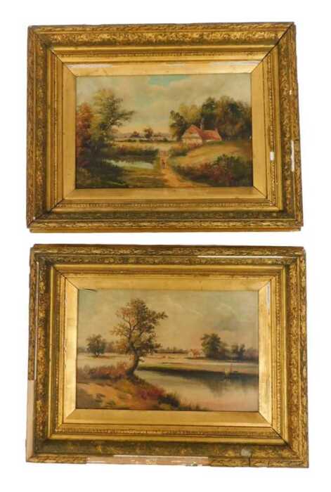 19thC School. Figure on a country path before building, together with figures in a boat on a...