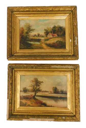 19thC School. Figure on a country path before building, together with figures in a boat on a...