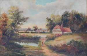 19thC School. Figure on a country path before building, together with figures in a boat on a... - 2