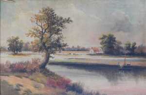 19thC School. Figure on a country path before building, together with figures in a boat on a... - 4