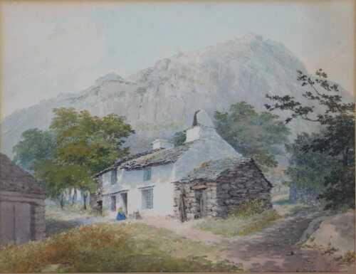 19thC School. Lake District scene depicting figure before a cottage, possibly Dove Cottage,...