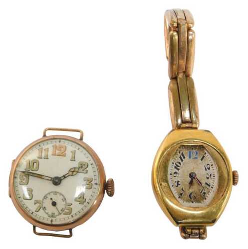 Two wristwatches, comprising a 9ct rose gold cased wristwatch head, with cream painted enamelled...