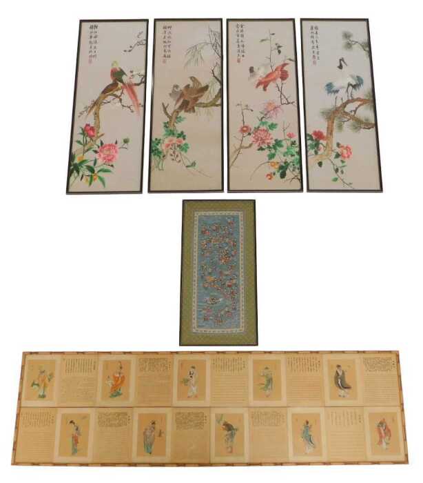 Oriental School. Four silkwork pictures depicting birds among flowering branches, 96cm x 33cm,...