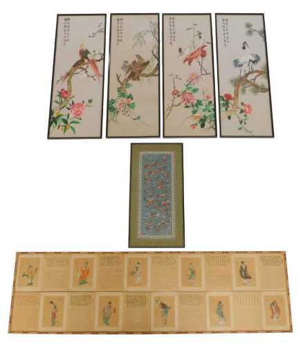Oriental School. Four silkwork pictures depicting birds among flowering branches, 96cm x 33cm,...